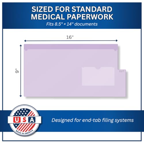 Doctor Stuff - Short Tab Vinyl Outguides, Full Front Pocket, Bottom Charge Out Slip Pocket, Plastic File Folder, Legal Size 9" x 16", Lavender, 50/Box