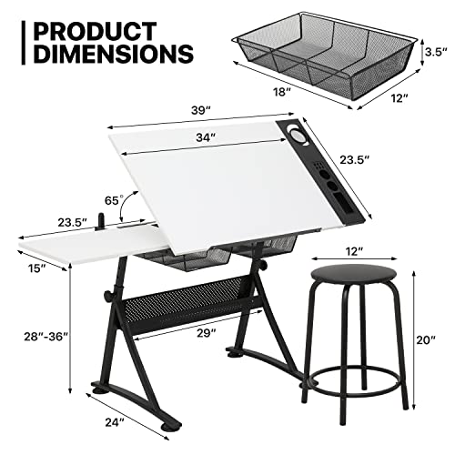MoNiBloom Art Deco Drafting Table, Height-Adjustable, Tiltable Tabletop, Stool for Reading Writing Painting, Homeschooling Desk for Children with 2 Storage Drawers