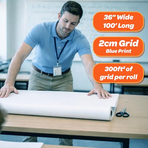 Geyer Instructional 2cm Graph Paper Roll – 36” x 100’ Blue Grid, Large Format Blueprint Paper, 24 lb Bond for Classroom, STEM, Math & Design Projects
