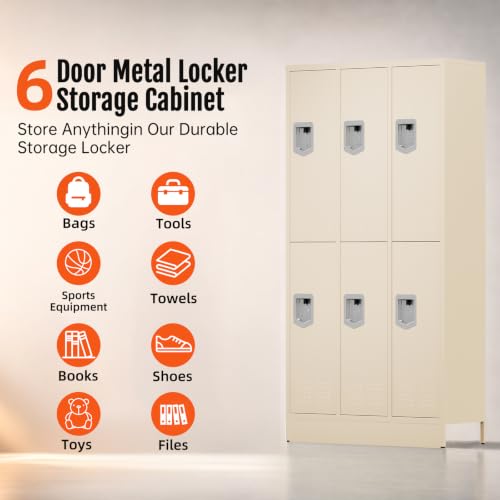 KAER 6 Door Metal Locker for Employees, Lockable Steel Locker Organizer, Heavy-Duty Storage Cabinet with Shelves and Hooks, Metal Storage Lockers for Home Office School Gym Garage, Beige