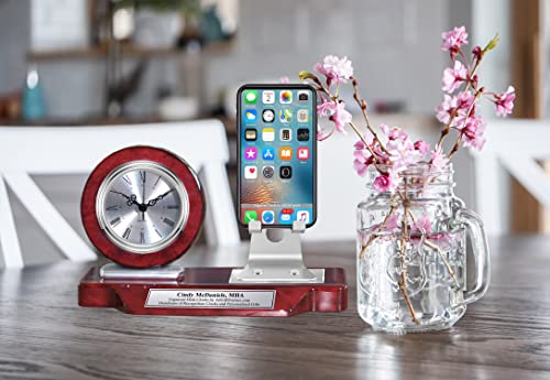 Engraved Nameplate Desk Clock Phone Holder Silver Office Gift Phone Stand