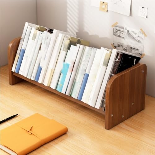 Desktop Bookshelf Organizer, CD Display Storage Box, Tilted Magazine Rack, Wood Countertop Display Stand for Study, Office, Living Room(15.8 * 9.5 * 7.1IN)