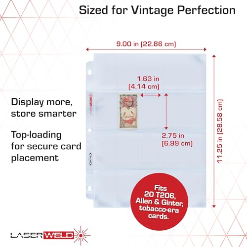 BCW LaserWeld 20-Pocket Tobacco Card Pages | 100 Pack | Archival Storage Sheets for T206 & Vintage Mini Cards | Tobacco Card Holder Pages for 3-Ring Binders | Laser-Welded Trading Card Sheets