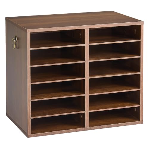 VEVOR Wood Literature Organizer 12 Compartments Office Mailboxes Brown | Countertop Literature Sorter for Files Documents Papers, with Adjustable Shelves, for Office, Home, Classroom Organization