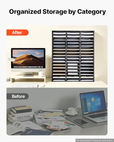 VEVOR Wood Literature Organizer 48 Compartments Office Mailboxes Black | Countertop Literature Sorter for Files Documents Papers, with Adjustable Shelves, for Office, Home, Classroom Organization