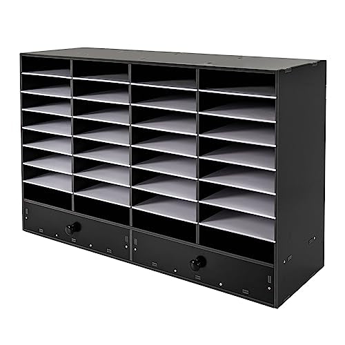 Literature Organizer 32 Compartment with 2 Drawers Paper and Mail Organizer, 8 Tiers PVC Paper Storage Cabinet 39.4 X 12 X 25.2inch for Home School Office(Black)