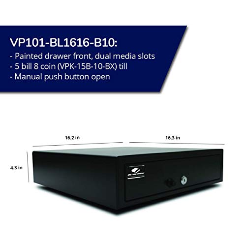 APG Manual 16.2" Point of Sale Cash Drawer | Vasario Series VP101-BL1616-B10 | Push-Button Operation | Plastic Till with 5 Bill/ 8 Coin Compartments | Black