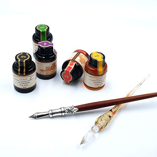 GC QUILL MU-02 Calligraphy Pen Set, Glass Dip Pen and Handcrafted Wooden Dip Pen Gift Set with 5 Colors Calligraphy Ink 6 Nibs, Calligraphy Set for Beginners