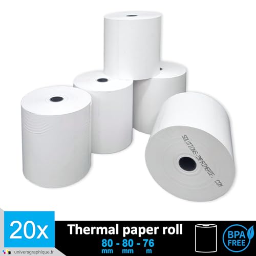 Refill of 20 Rolls Thermal Paper for Cash Register Standard Cash Register Roll 80 x 80 Mandrel 12 mm Thermal Paper 50 g for Cash Register Printer Thermal Balance