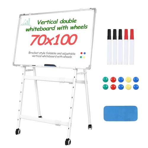 Double-Sided Rolling Whiteboard, Magnetic Mobile Whiteboard with 4 Lockable Swivel Wheels, Height Adjustable Flip Chart Easel Stand, Portable White Board for Home, School & Office Silver 70x100 cm