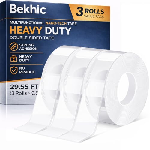 Bekhic Double Sided Tape Heavy Duty, Clear Mounting Tape Nano Double Sided Adhesive Tape,Picture Hanging Adhesive Strips (9.85FT 3 Pack (Total 29.5FT))