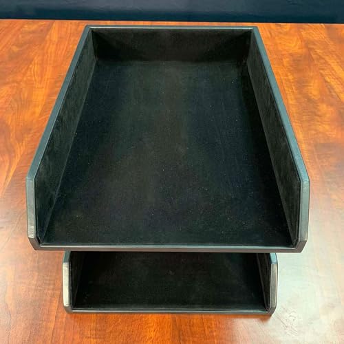 DACASSO Classic Black Leather Double Legal Letter Tray Stacking Set w/Silver Posts - Luxury Executive Decor and Office Essential - Desk Surface Protector