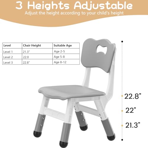 Adjustable Kids Chair 2-Pack – 3-Level Height, Ergonomic Plastic Toddler Chairs, Lightweight & Sturdy, for Home, School, Playroom, Daycare, Indoor/Outdoor, Ages 2-8 – Light Gray