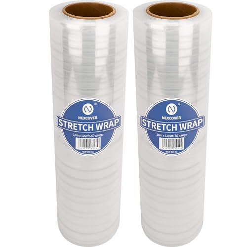 NEXCOVER 18 Inch Stretch Wrap - 1200 Feet | 60 Gauge, 2 Roll Clear Plastic Self-adhering Stretch Wrap Film for Pallet Wrap, Thick and Durable Packing Moving Supplies Heavy Duty Shrink Film.
