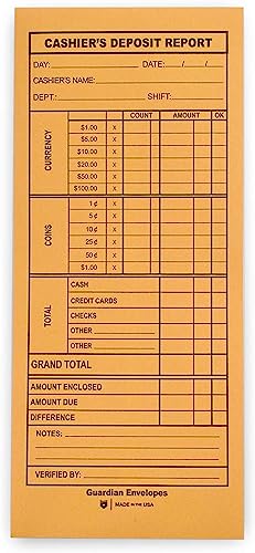 Guardian Cashier Deposit Report Envelopes with Gummed Flaps, Pack of 1000 Cash Drop Envelopes – Cash Register for Small Businesses –Cashier Register for Retailers & Restaurants – Brown Kraft Envelope
