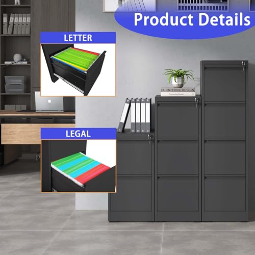 CNJHGL2 Metal Vertical File Cabinet with Lock, 4 Drawer Filing Cabinet for Home Office/Letter/A4, Lockable Storage Cabinets, Office Cabinet with Drawers, Assembly Required, Black