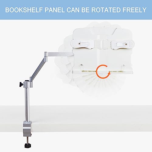 Buhelyc Book Stand with Clamp, Tablet Stand Holder, Adjustable Height, with Page Clips for Reading Hands Free, Sturdy, Rotatable, Table Side Design, Suitable for Book, Tablet, Phone