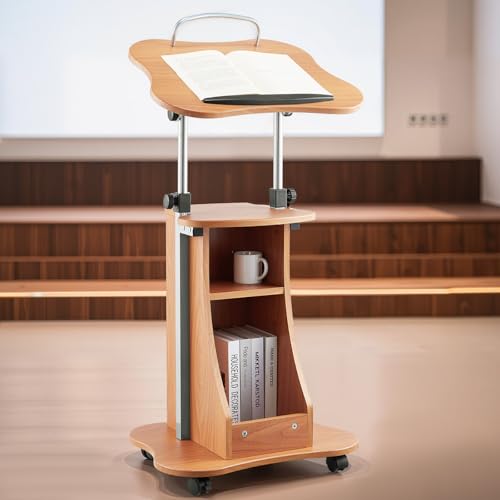 VEVOR Podium Stand, 43-Inch Wooden Lectern, Portable Laptop Desk with Lockable Wheels, Wide Reading Surface and Open Storage Area, Adjustable Height and Angle, for Speeches, Lectures, or Presentations