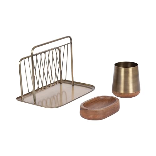 Kate and Laurel Koni Modern Three-Piece Home Office Organization Set, 13 x 8 x 9, Walnut Brown and Antique Brass, Wood and Metal Organizational Set for Office with File Folder Holder