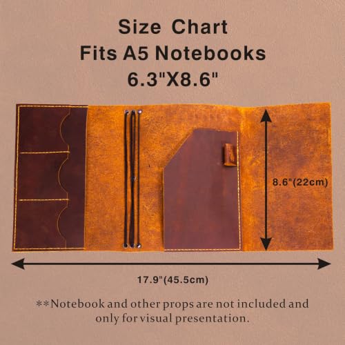 Crazy Horse Leather Trifold Journal Cover A5 – Handmade Refillable Travelers Notebook with Multiple Elastic Bands, Pen Holder & Card Slots, Brown