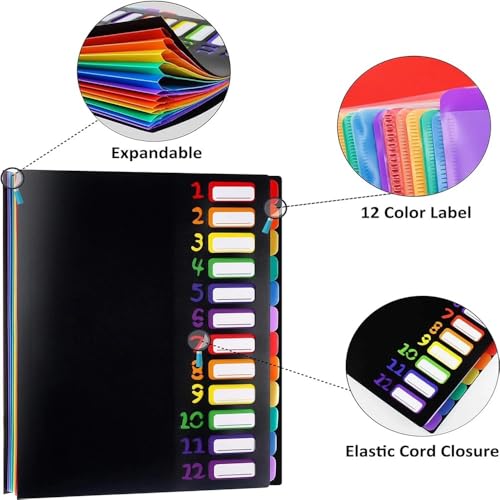 File Folders A4 Letter Size, Multicolor 12 Pocket Expanding Project Sorter Heavy Duty Monthly Plastic Expandable Folder Organizer File Jacket(White)