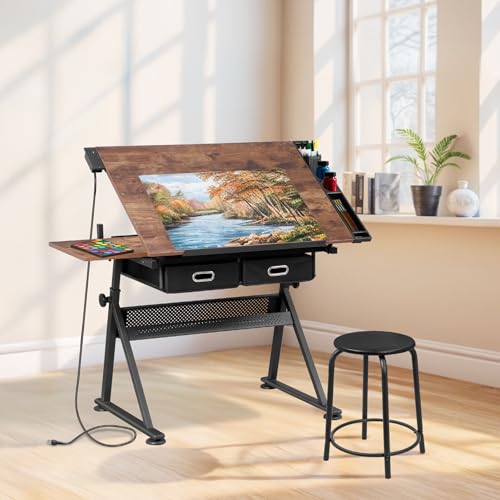 Nouva Adjustable Drafting Table Drawing Table w/Power Outlets (2AC, USB, Type-C), Multifunctional Tilting Art Craft Artists Desk w/Stool, 2 Drawer for Home Office, Rustic Brown