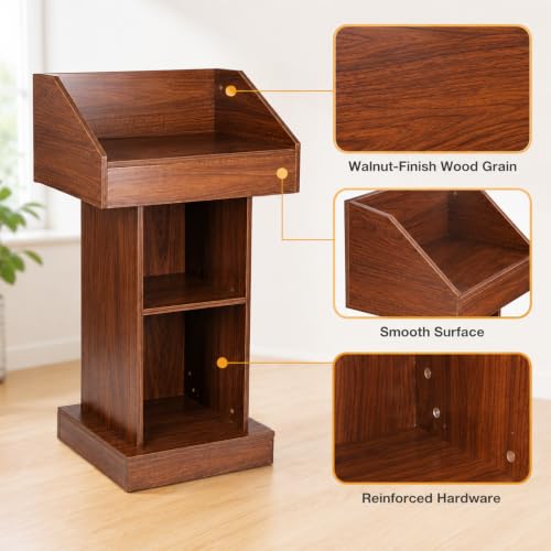 BGEDL Wood Podium, Floor Standing Podium Speaking Lectern Stand, Portable Podium Stand with Storage, Wooden Podium Pulpit for Churches Classroom Office