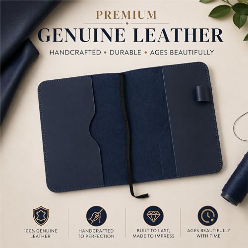 TheAntiq Premium Leather Journal Cover A5 – Handmade Refillable Notebook Cover Sleeve with Pen Holder for Writing, Travel & Business Use 5.75 x 8.25 (Blue)