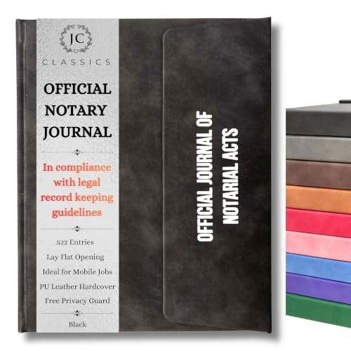 JC Classics Notary Journal Log Book Hardcover with Privacy Guard - Notary Log Book with 522 Notarial Record Entries - Compliant Notary Journal for Notaries for All States Except HI (Black)