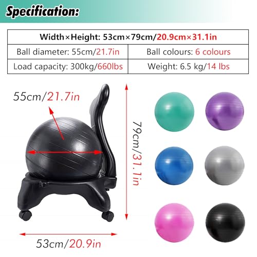LKXNEW Height Adjustable Balance Ball Chair for Adults Office, Commercial/Home Yoga Ball Seating with Back Support (Purple)