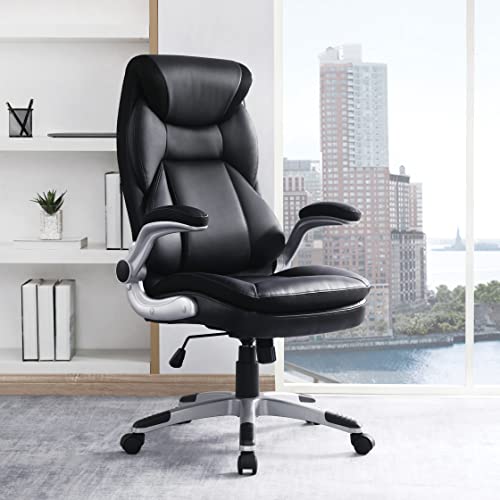 Office Star ECH Series Executive Bonded Leather Office Chair with Lumbar Support and Padded Height Adjustable Arms, Black with Silver Coated Nylon Base