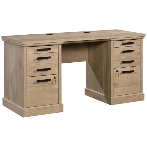 Pemberly Row 60" Engineered Wood Knee Space Credenza Desk, Prime Oak Finish, Sturdy Office Storage Desk with Melamine Top, Locking Drawers, Cord Management System, Finished for Versatile Placement