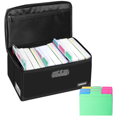 JUNDUN Index Card Holder with 48 Pieces 4x6 Inch Index Cards Dividers,Collapsible Fireproof Index Card Box with Lock fits 1200 4x6-Inch Flash Cards - Business, or Note Card Storage Boxes - Black