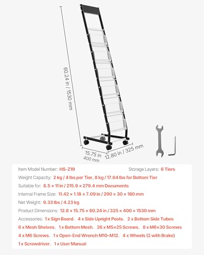 VEVOR Brochure Display Rack, Narrow 6-Tier Magazine Literature Display Stand with Wheels, Metal Floor Standing Magazine Rack, Movable Newspaper Catalog Holders for Shop Exhibitions Office (6 Pockets)