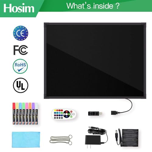 Hosim LED Message Writing Board 24" x 16", Illuminated Erasable Neon Sign Restaurant Menu Board with 8 Colors Markers, 16 Lighting Colors Light Up DIY Message Chalkboard for Christmas Display