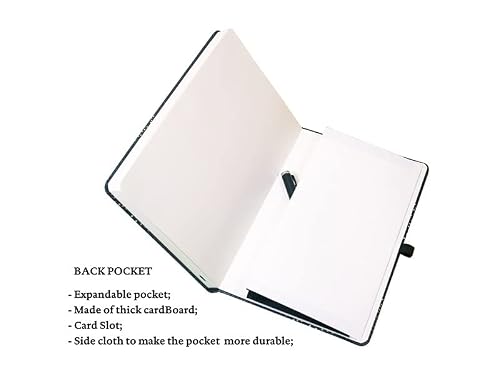 QERTYHJK A5 Dot Grid Notebook Black Floral Hard Cover 160gsm Thick Journal Elastic Band Expandable Pocket Travel Planner