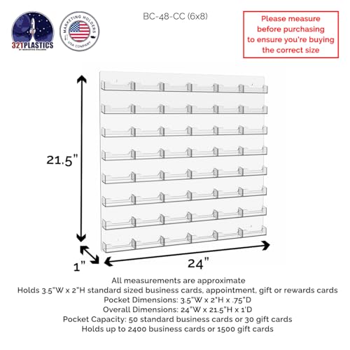 48 Pocket Business Card Display with Hardware Wall Mount Pocket Holds 3.5" x 2" Gift Cards Display Rack Multi Pocket Clear on Clear Acrylic Storage Space Saving Rack by Marketing Holders