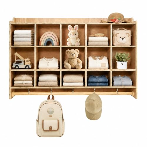 Chic Muse Cubby Storage Organizer Cubes, Daycare Shelves with 15 Cubbies Shoe Layer with Hooks and Shelf, Hanging Wall Mount, Heavy-Duty Plywood Daycare Furniture for Kids Toys, Classroom, 47" Width