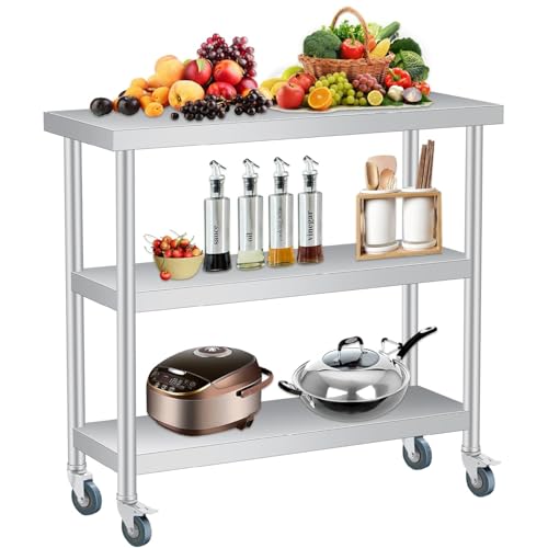 COZONY Stainless Steel Work Table with Lockable Casters, 18 x 36 in, 3-Tier Commercial Kitchen Prep Table, Metal Utility Table for Food Preparation, Restaurant, Garage, Laundry, Outdoor, Indoor