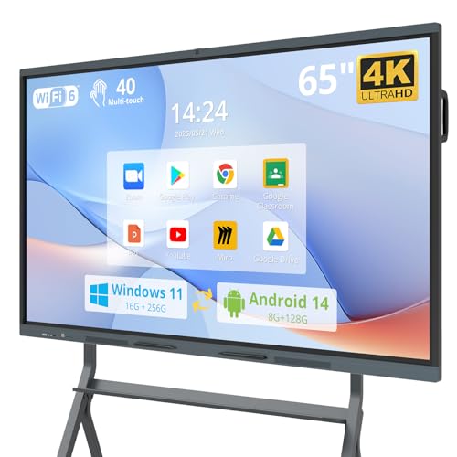 65" Smart Board 4K Interactive Whiteboard SmartBoard for Classroom & Office, EDLA Android 16 & Windows 11 Pro 16G RAM+256G ROM Touchscreen with 48MP AI Camera 50-Points Wall Mount