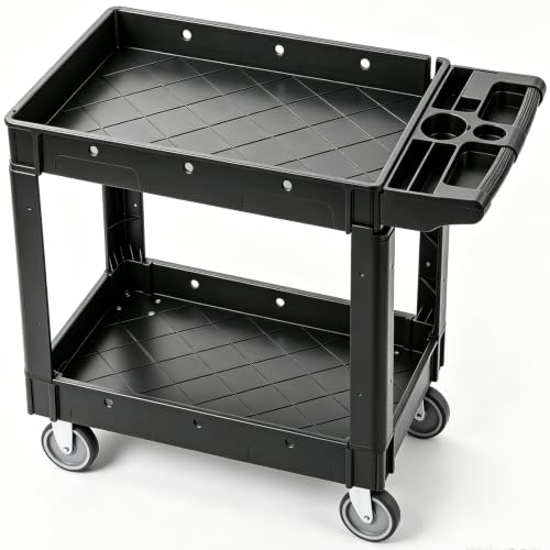 VEVOR Utility Service Cart, 2 Shelf 550LBS Heavy Duty Plastic Rolling Utility Cart, Medium Lipped Shelf, 360° Swivel Wheels, Ergonomic Storage Handle for Warehouse Garage, Black