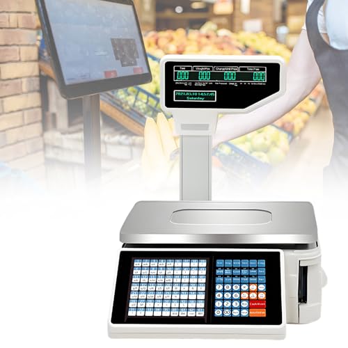 Commercial Cash Register, Label Printing Scales, Digital Barcode Weighing Scales with Pole Display, Back Front Dual Display, Receipt Label Printing Scale with Cash Register, 30kg/66lbs. PackageA
