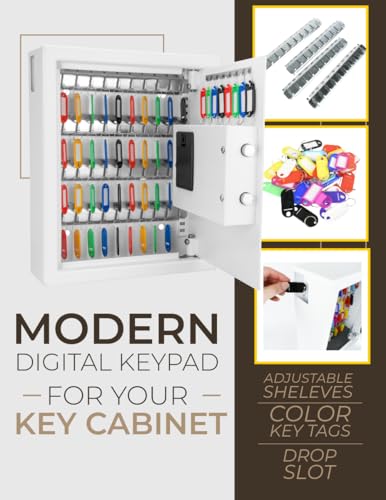 Barska 48 Position Key Cabinet with Digital Keypad Wall Mounted Security Keys Safe Key Organizer White with Adjustable Racks Key Tags