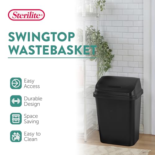 Sterilite Swing Top Wastebasket, Trash Can, 7.8 Gallon, Black, 6-Pack