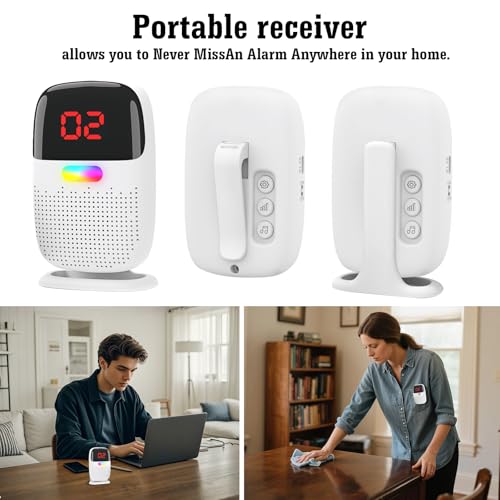 Caregiver Pager System with Digital Display for Elderly Assistance, Fall Prevention, and Nurse Calling，Wearable Wireless Pager for Patient Help at Home(1 Call Buttons + 2 Receivers)