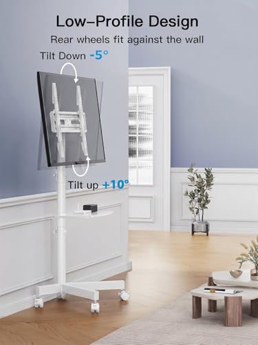 PERLESMITH Rolling White TV Stand for 23–65 Inch TVs up to 99 lbs, Portable TV Stand on Wheels with Height Adjustable Shelf, Outdoor Mobile White TV Cart for Bedroom, Max VESA 400x400mm, PSTVMC04W
