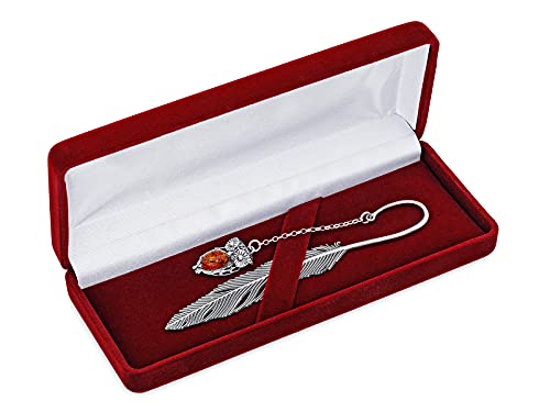 AMBEDORA Bookmark, Oxidized 925 Silver, Oval Baltic Amber in Cognac Color, Silver Bookmark Owl with Amber, L. 11,5 cm