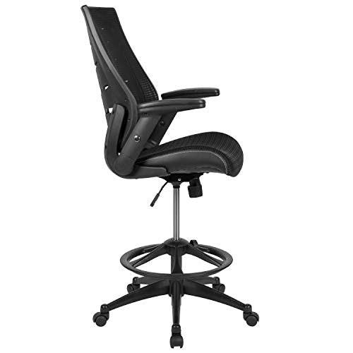 BizChair High Back Black Mesh Spine-Back Ergonomic Drafting Chair with Adjustable Foot Ring and Adjustable Flip-Up Arms