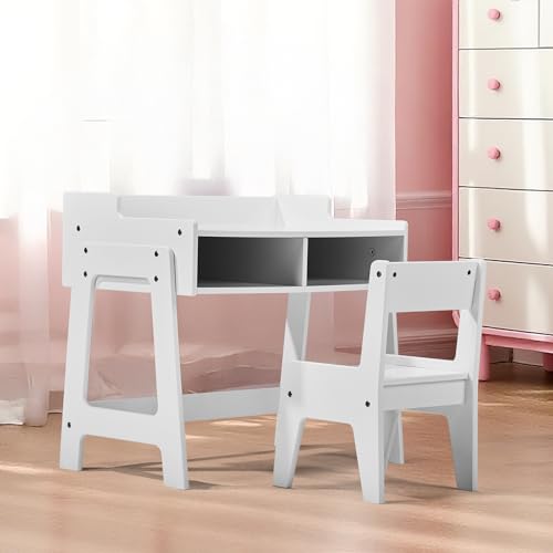 2 Pieces Study Desk and Chairs Set,Rectangular Wooden Activity Tables,Bedroom Student Writing Desk,Study Dining Reading Table Set,with Storage,for Small Space Living Room Study Room Playroom (White)