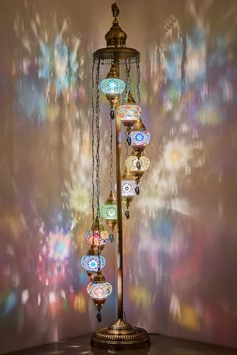 DEMMEX Turkish Moroccan Mosaic Floor Lamp, 9 Globes, 6ft Tall – Tiffany Style Standing Lamp with Handmade Mosaic Globes for Bedroom, Living Room, Entryway, Customizable